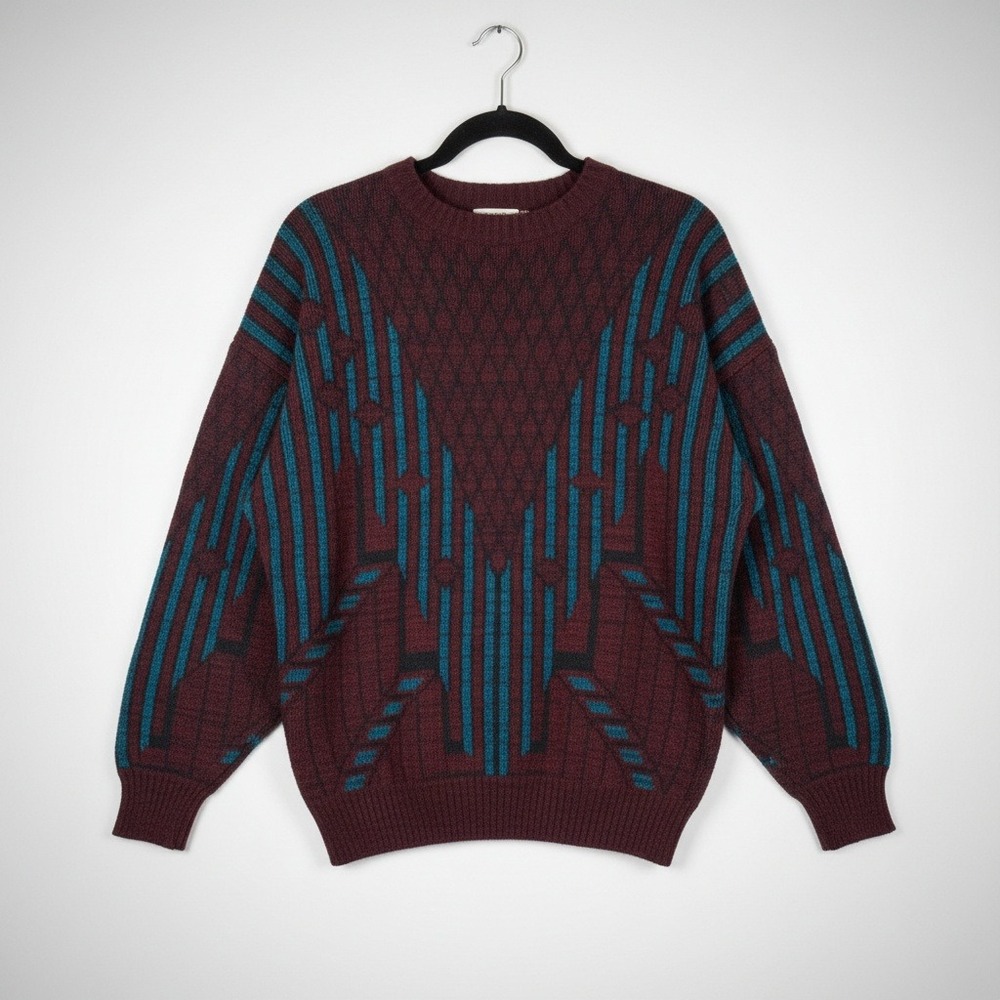 Mister Man Mens Burgundy Blue Geometric Pattern Knit Sweater XL